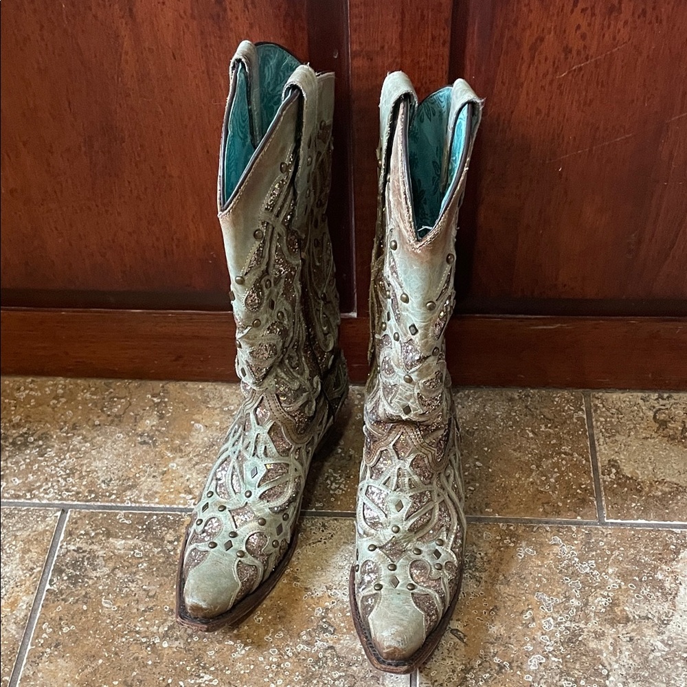 Corral Glitter Embellished Green Women's Western Boots Genuine Leather Snip Toe - Picture 2 of 8